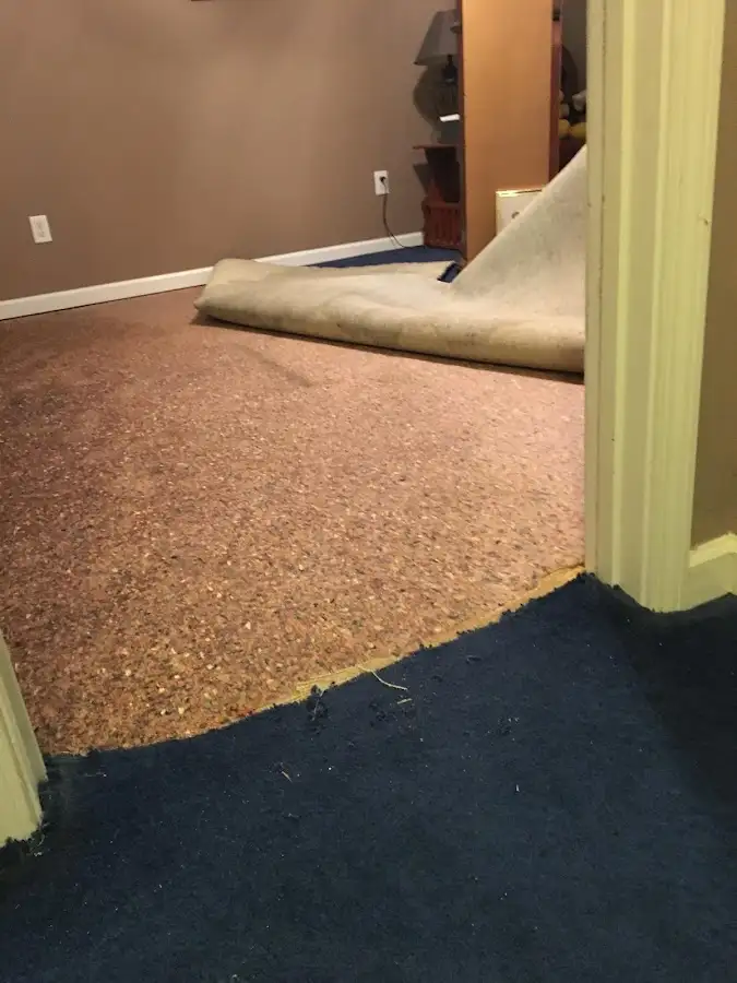 Carpet pad removal revealing water damage during Drying & Dehumidification in Eunice